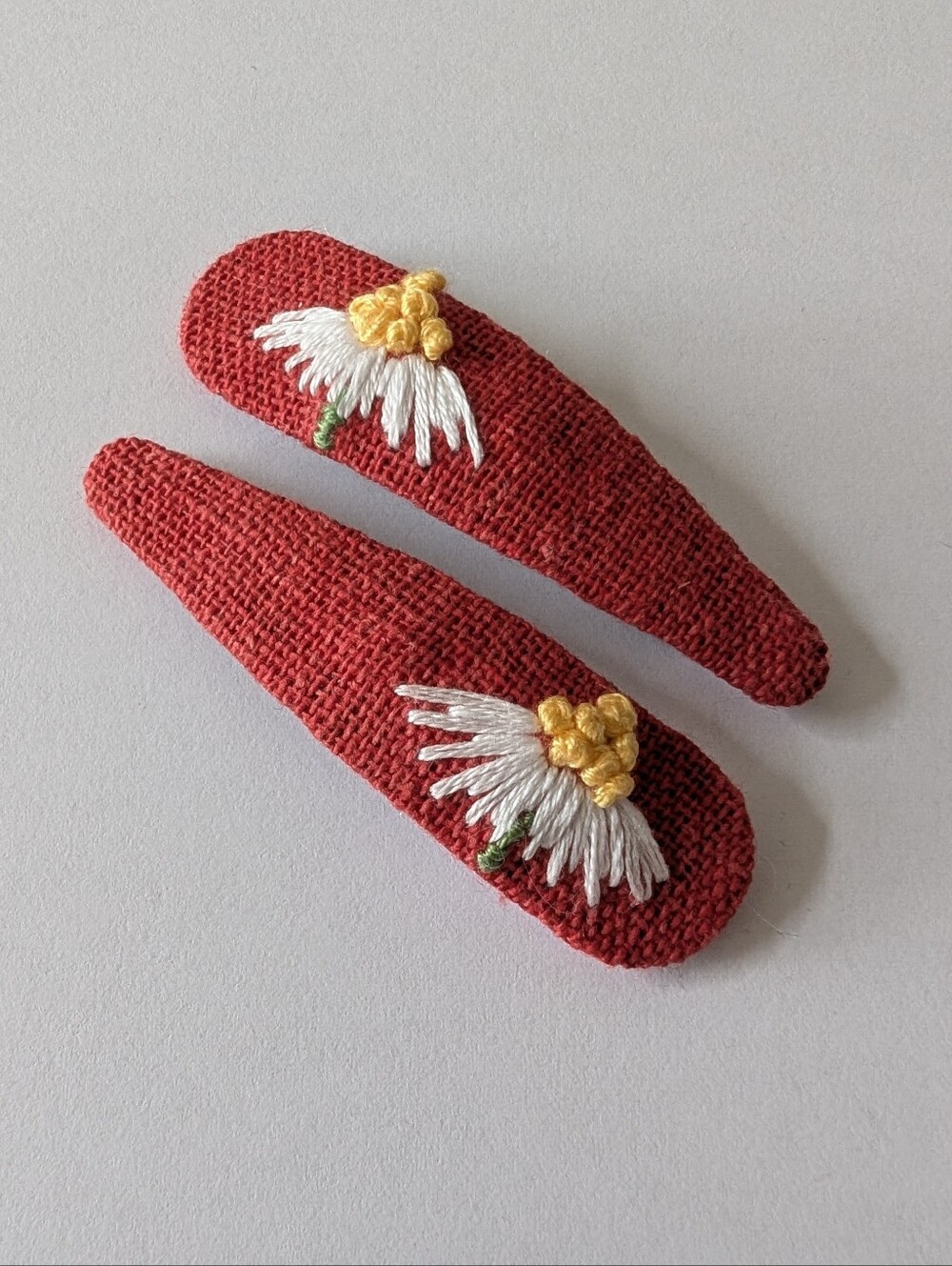 Rustic Red Daisies On Cotton Hand Embroidered Cotton Handmade Hair Clips